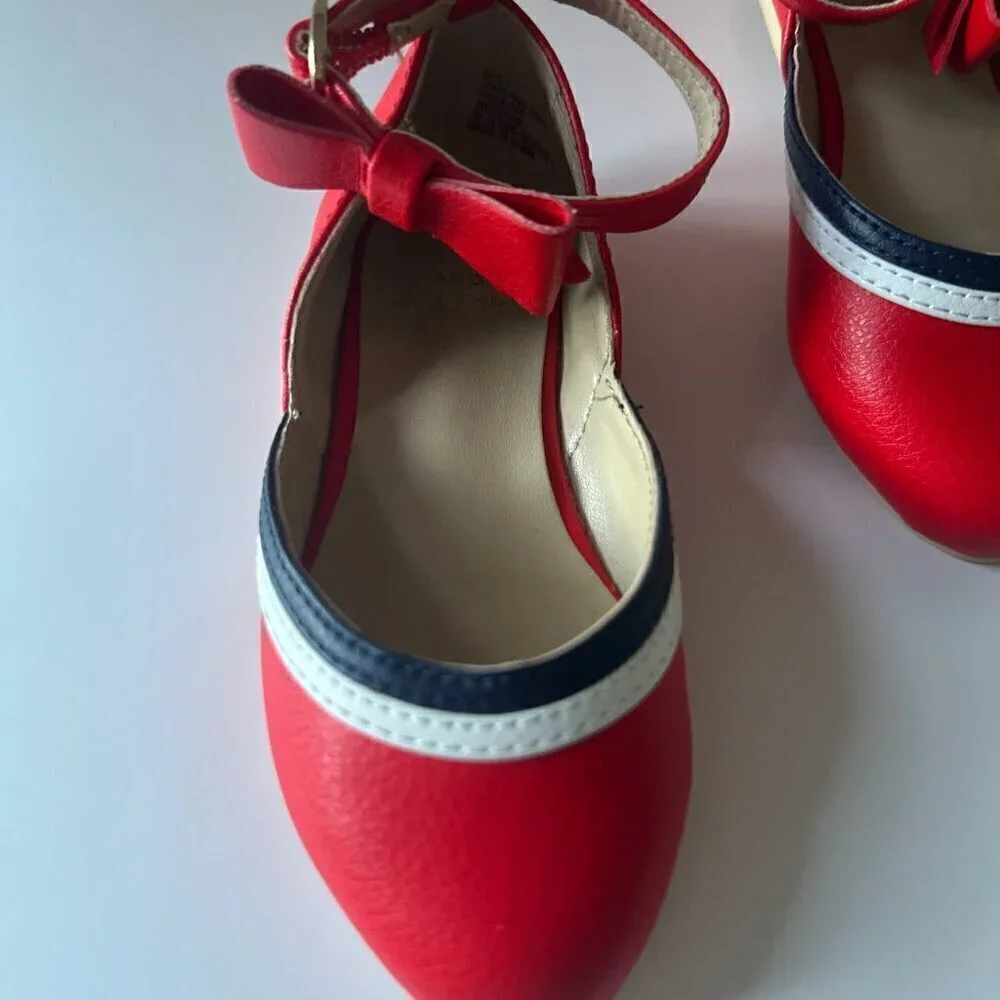 Janie and Jack Girl's Pieced Ballet Flat. Red, white, Navy Blue. Size - 7